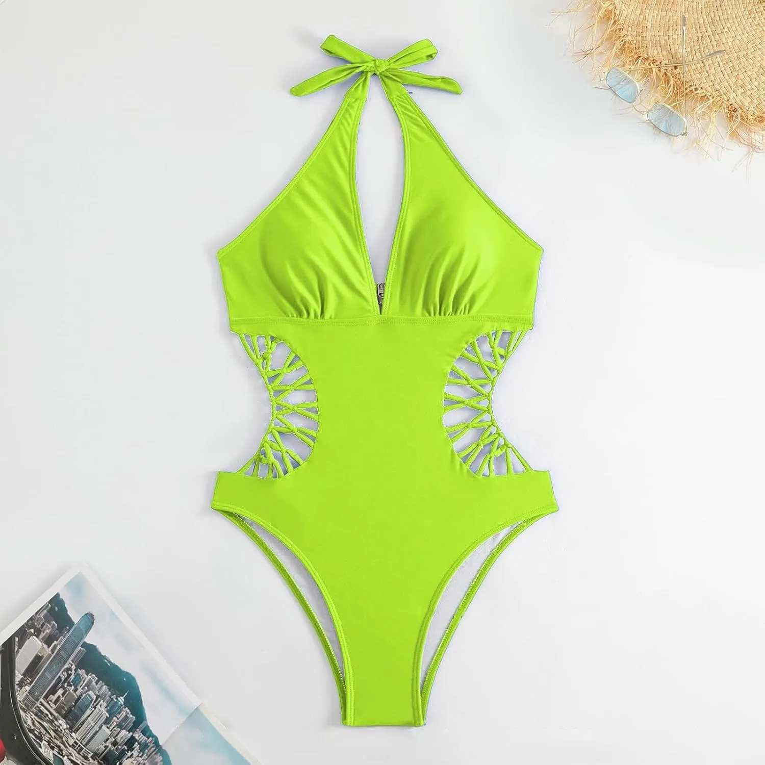 Women's Sexy Cutout One Piece Swimsuits Plunge High V Neck Halter Bathing Suits Cheeky Backless Monokini Swimwear