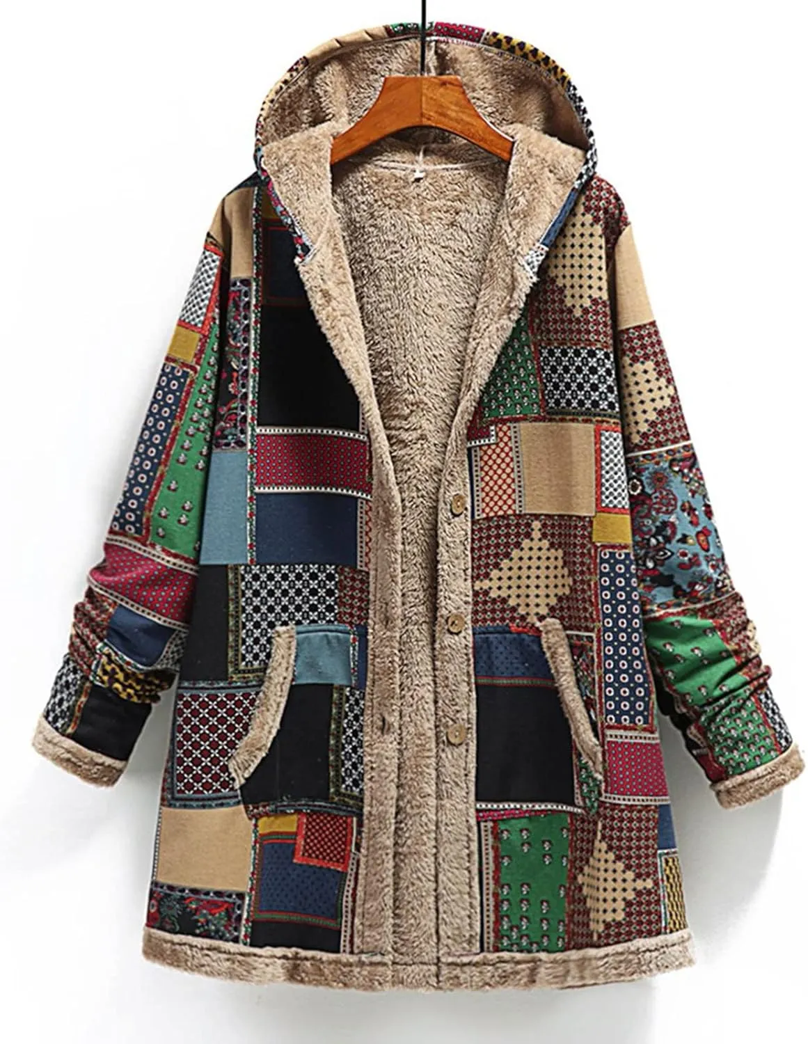 Womens Sherpa Fleece Coat Hiking Fashion Winter Coat Vintage Aztec Hoodie Button Down Sherpa Outerwear with Pockets
