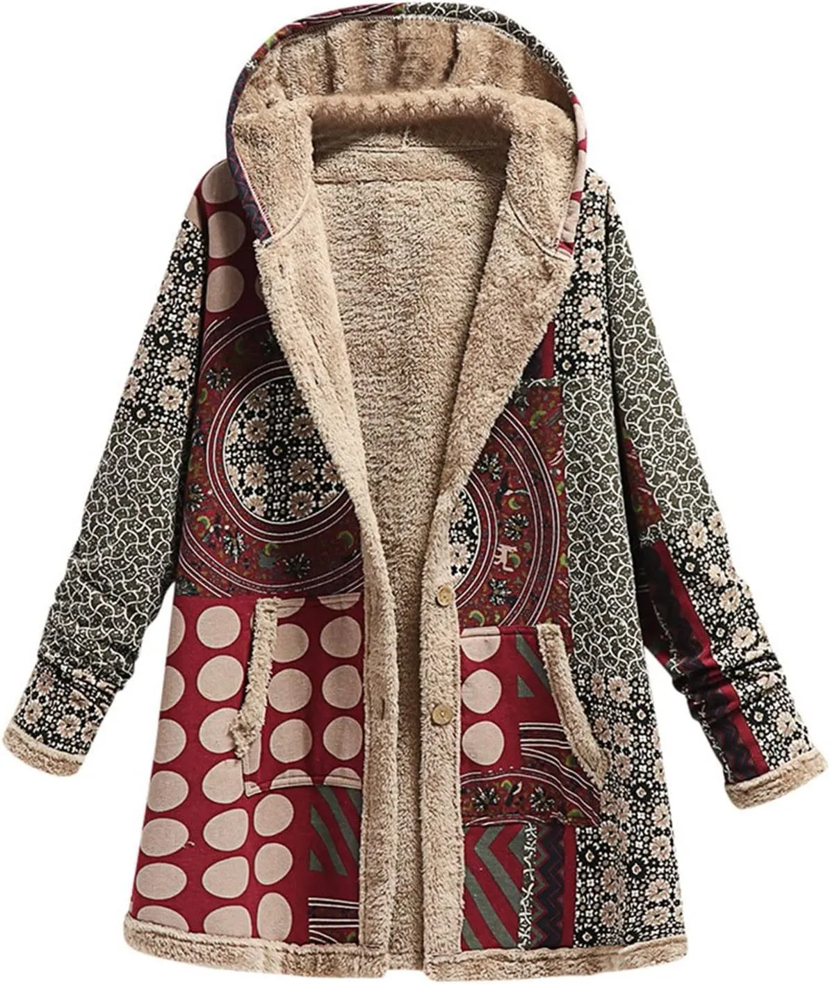Womens Sherpa Fleece Coat Hiking Fashion Winter Coat Vintage Aztec Hoodie Button Down Sherpa Outerwear with Pockets