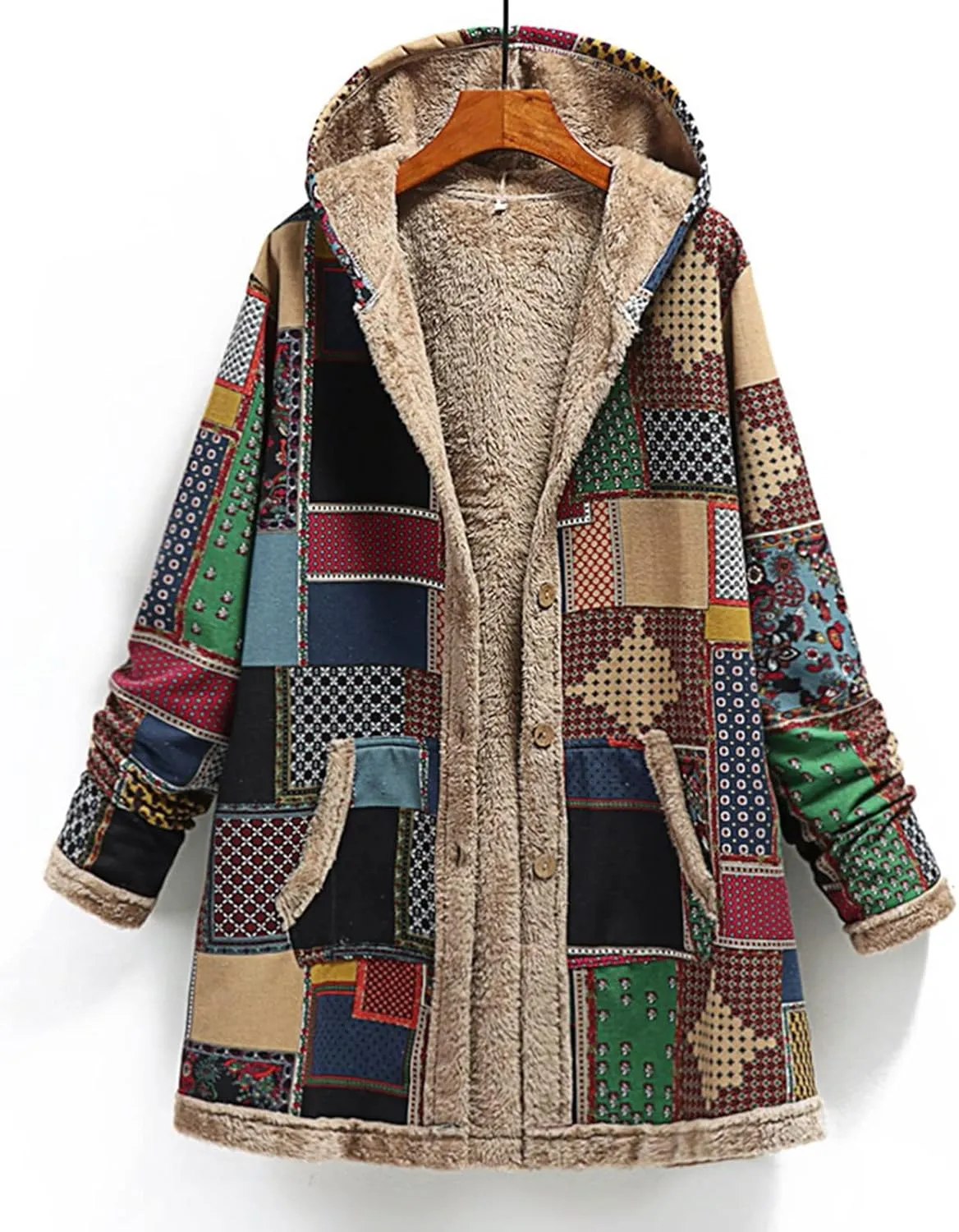 Womens Sherpa Fleece Coat Hiking Fashion Winter Coat Vintage Aztec Hoodie Button Down Sherpa Outerwear with Pockets