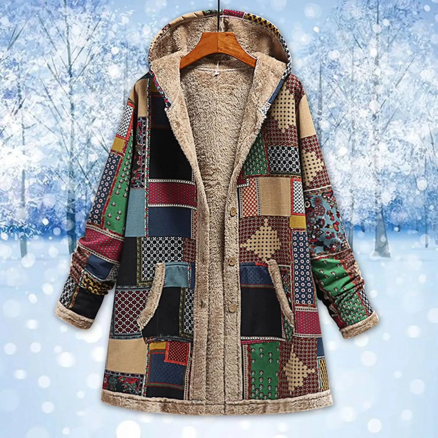 Womens Sherpa Fleece Coat Hiking Fashion Winter Coat Vintage Aztec Hoodie Button Down Sherpa Outerwear with Pockets