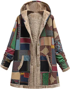 Womens Sherpa Fleece Coat Hiking Fashion Winter Coat Vintage Aztec Hoodie Button Down Sherpa Outerwear with Pockets