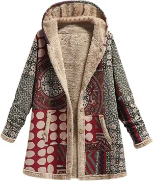 Womens Sherpa Fleece Coat Hiking Fashion Winter Coat Vintage Aztec Hoodie Button Down Sherpa Outerwear with Pockets