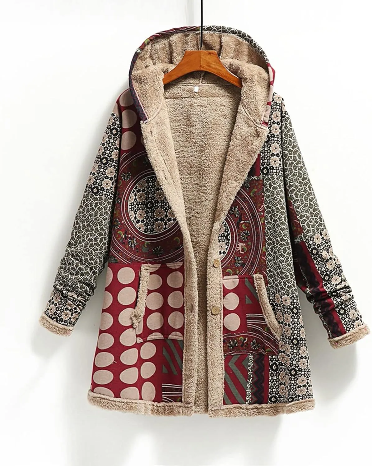 Womens Sherpa Fleece Coat Hiking Fashion Winter Coat Vintage Aztec Hoodie Button Down Sherpa Outerwear with Pockets