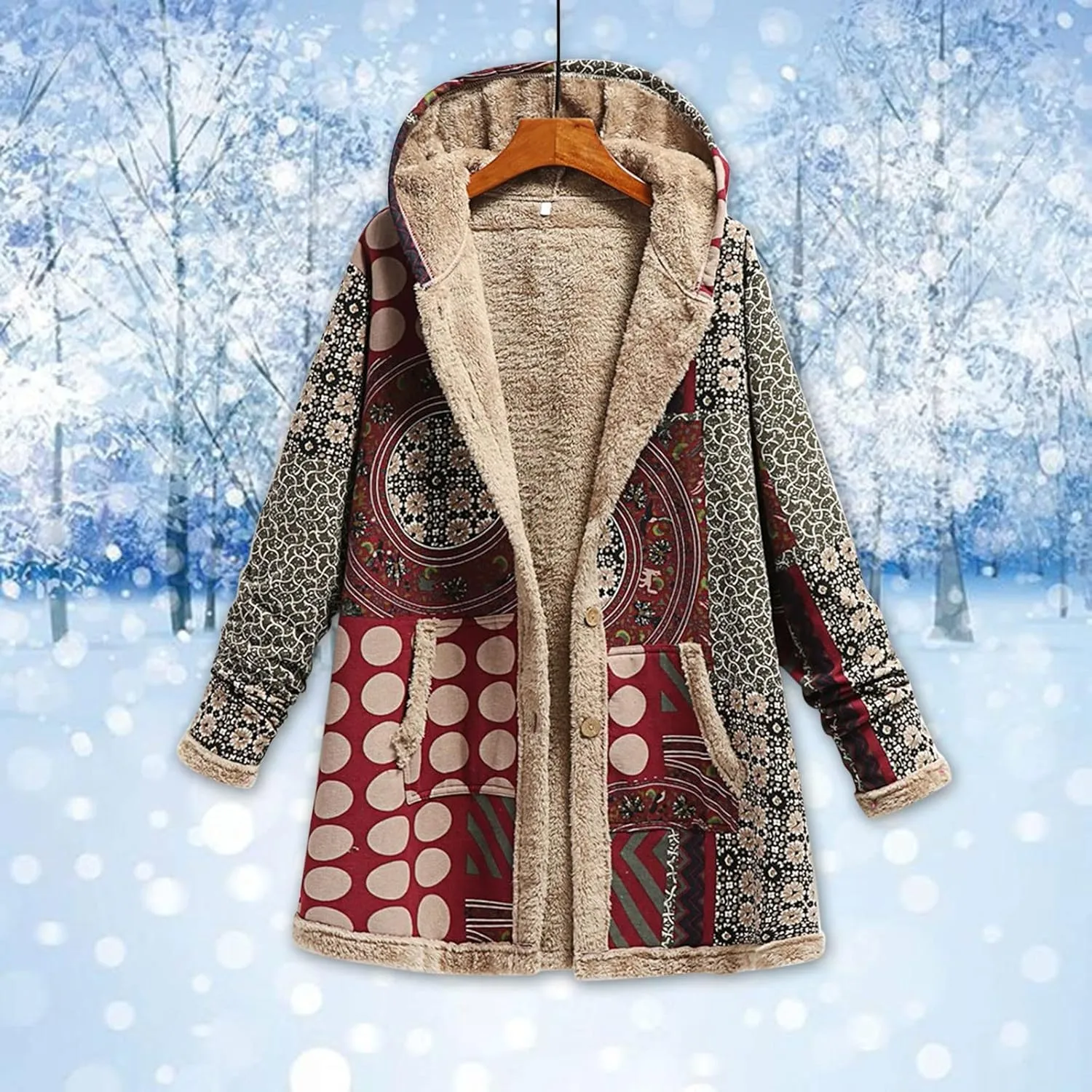 Womens Sherpa Fleece Coat Hiking Fashion Winter Coat Vintage Aztec Hoodie Button Down Sherpa Outerwear with Pockets