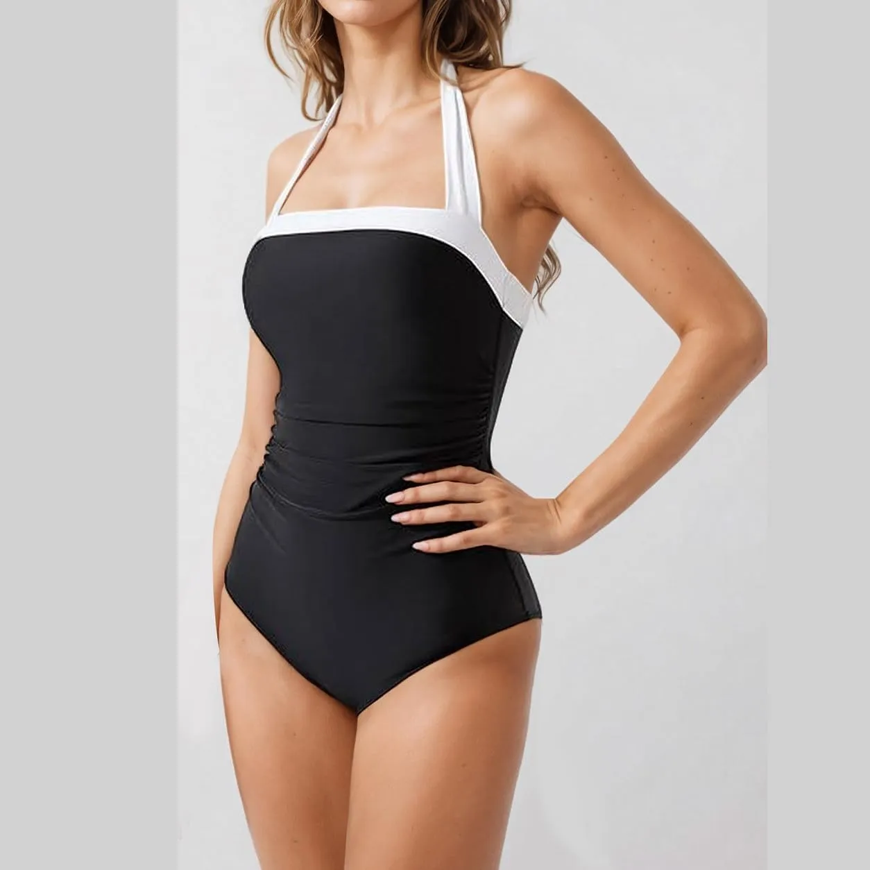 Womens Solid Sleeveless One Piece Swimsuit Slimming Tummy Control Swimwear Backless Bikini Bathing Suit with Padded