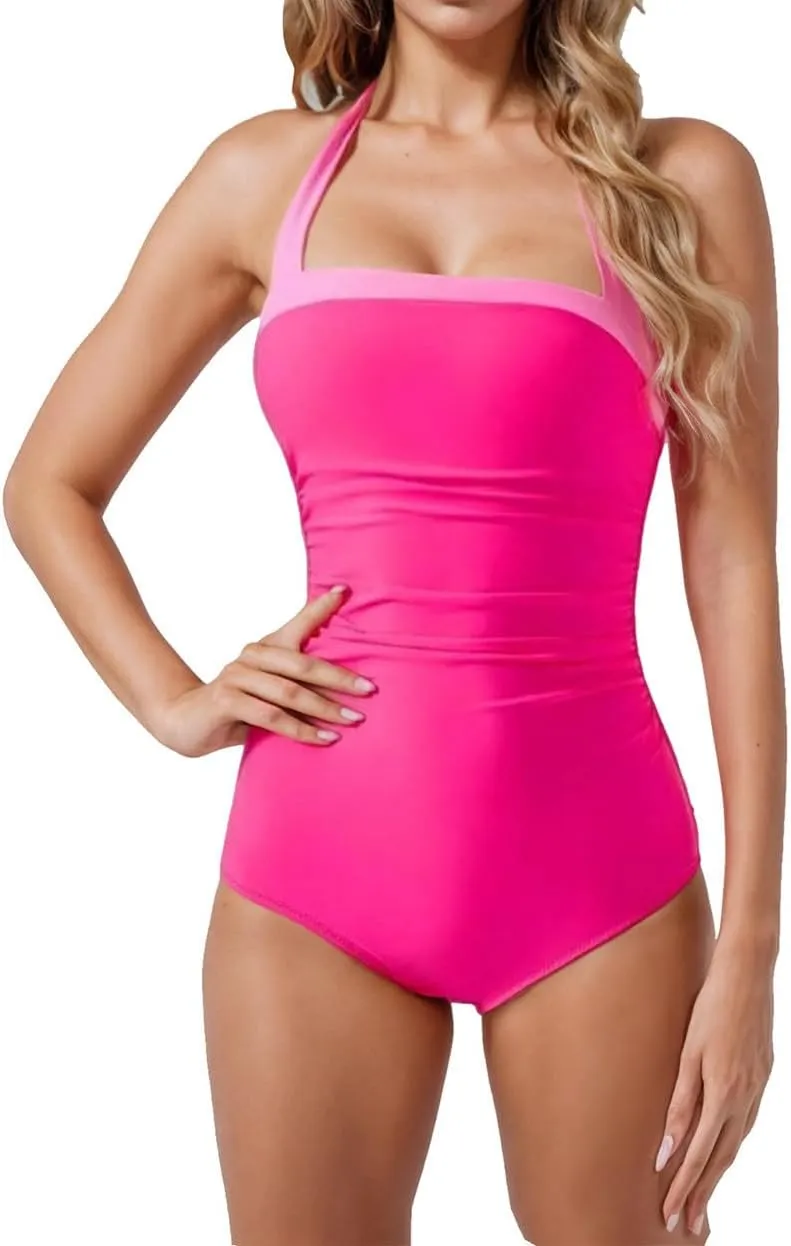Womens Solid Sleeveless One Piece Swimsuit Slimming Tummy Control Swimwear Backless Bikini Bathing Suit with Padded