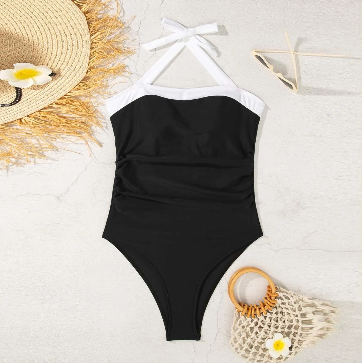 Womens Solid Sleeveless One Piece Swimsuit Slimming Tummy Control Swimwear Backless Bikini Bathing Suit with Padded