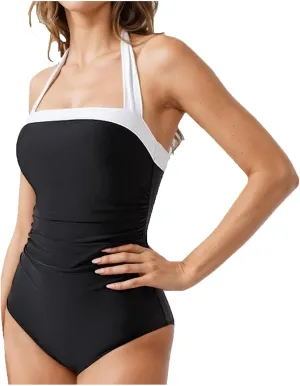 Womens Solid Sleeveless One Piece Swimsuit Slimming Tummy Control Swimwear Backless Bikini Bathing Suit with Padded