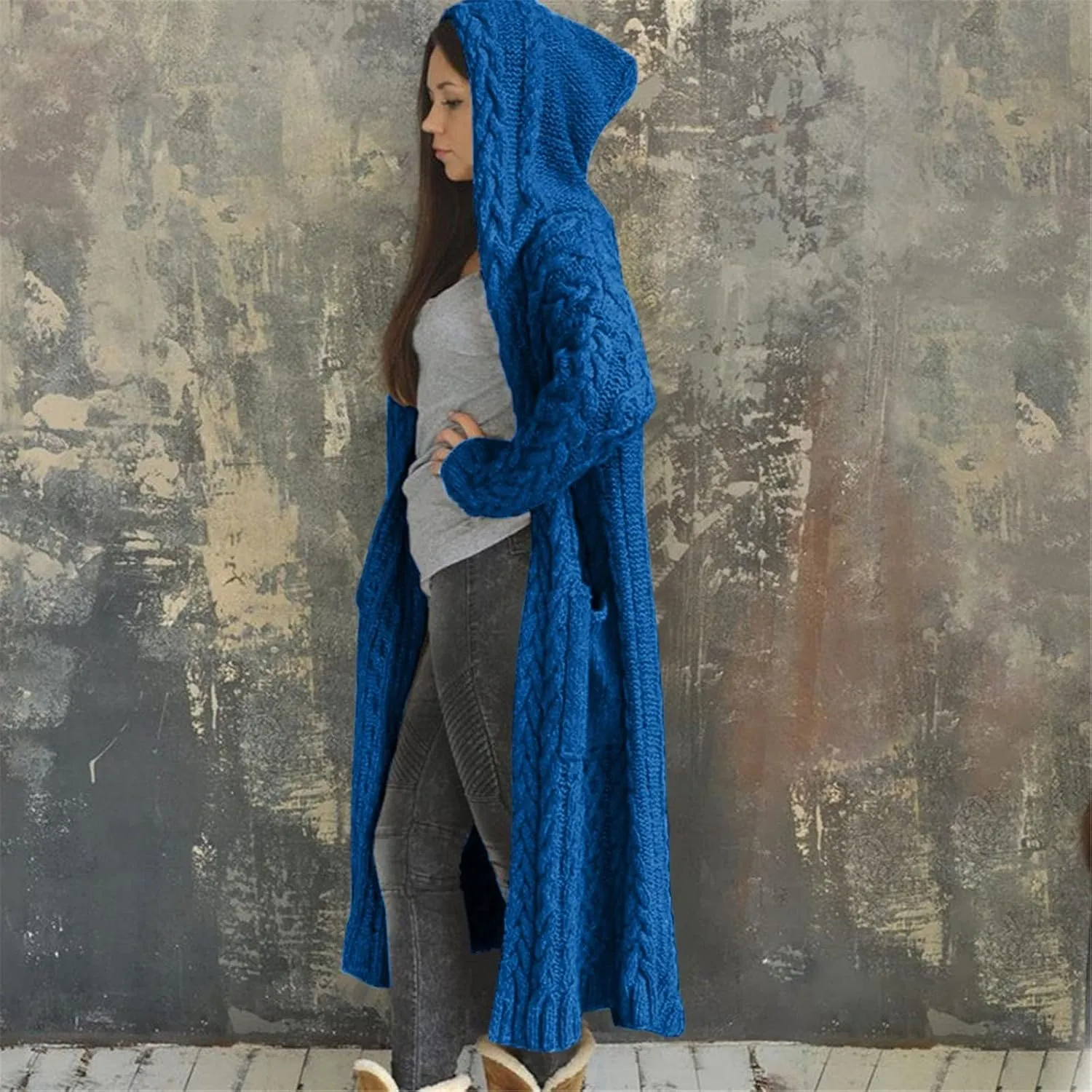 Women's Trench Coat Large Women Pocket Sweater Breasted Cardigan Hood Sleeves Women's Coat Woman Coat Wool Coats for