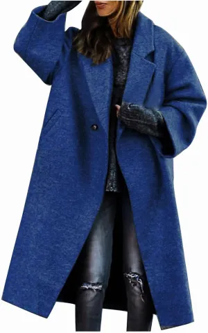 Women's Trench Coats Casual Button Down Stand Collar Pea Coat Wool Blend Warm Winter Jacket Outerwear with Pockets