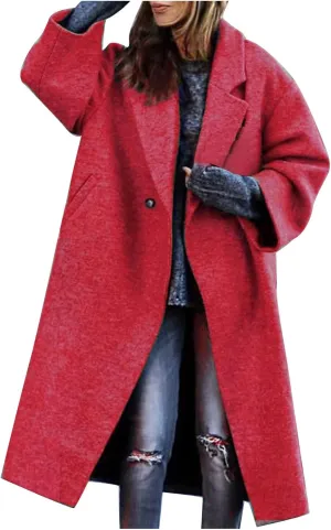 Women's Trench Coats Casual Button Down Stand Collar Pea Coat Wool Blend Warm Winter Jacket Outerwear with Pockets