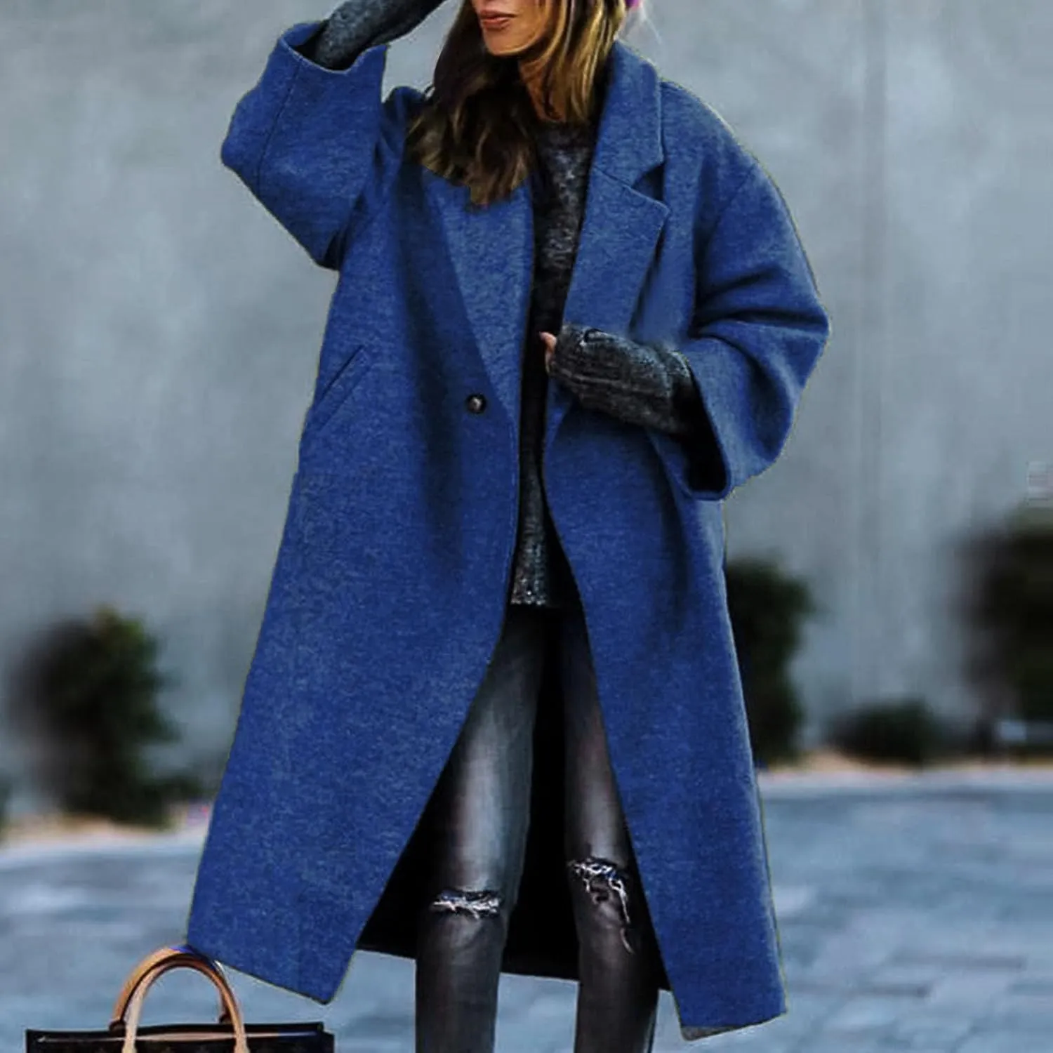 Women's Trench Coats Casual Button Down Stand Collar Pea Coat Wool Blend Warm Winter Jacket Outerwear with Pockets