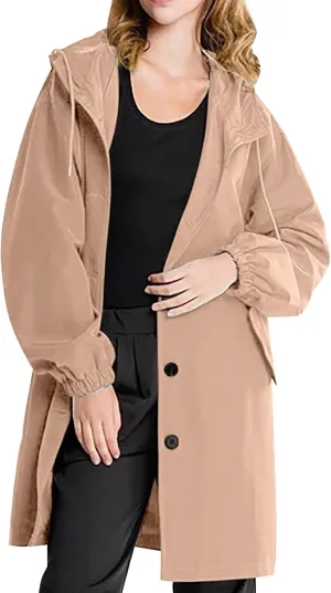 Womens Trench Coats with Hood Oversize Long Single-Breasted Windbreaker Plus Size Lightweight Elegant PeaCoat Overcoat