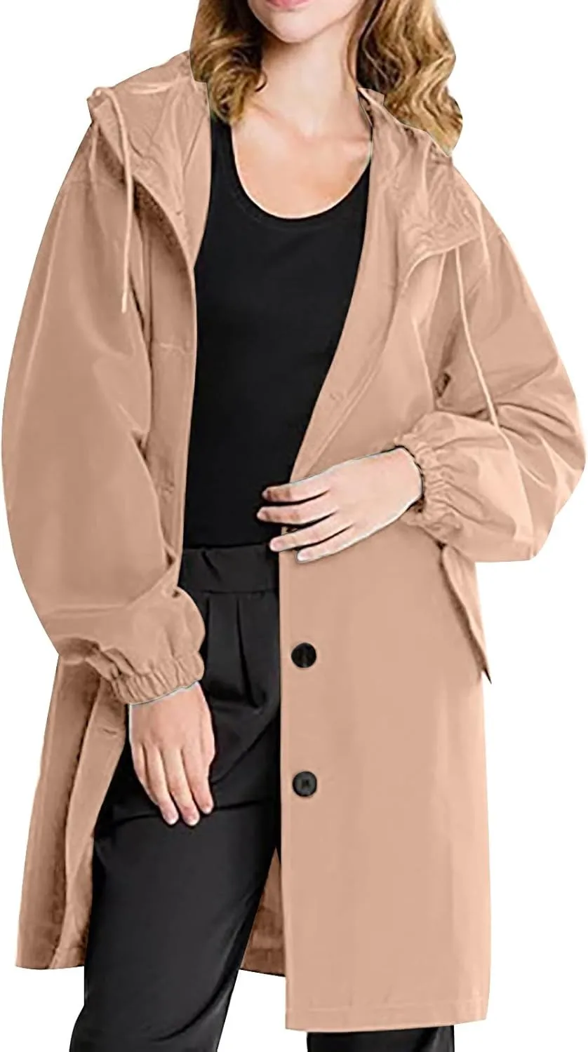 Womens Trench Coats with Hood Oversize Long Single-Breasted Windbreaker Plus Size Lightweight Elegant PeaCoat Overcoat