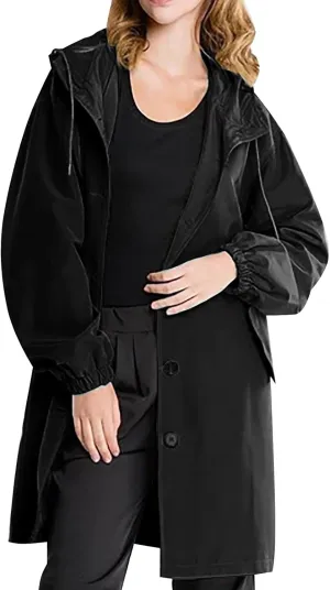 Womens Trench Coats with Hood Oversize Long Single-Breasted Windbreaker Plus Size Lightweight Elegant PeaCoat Overcoat