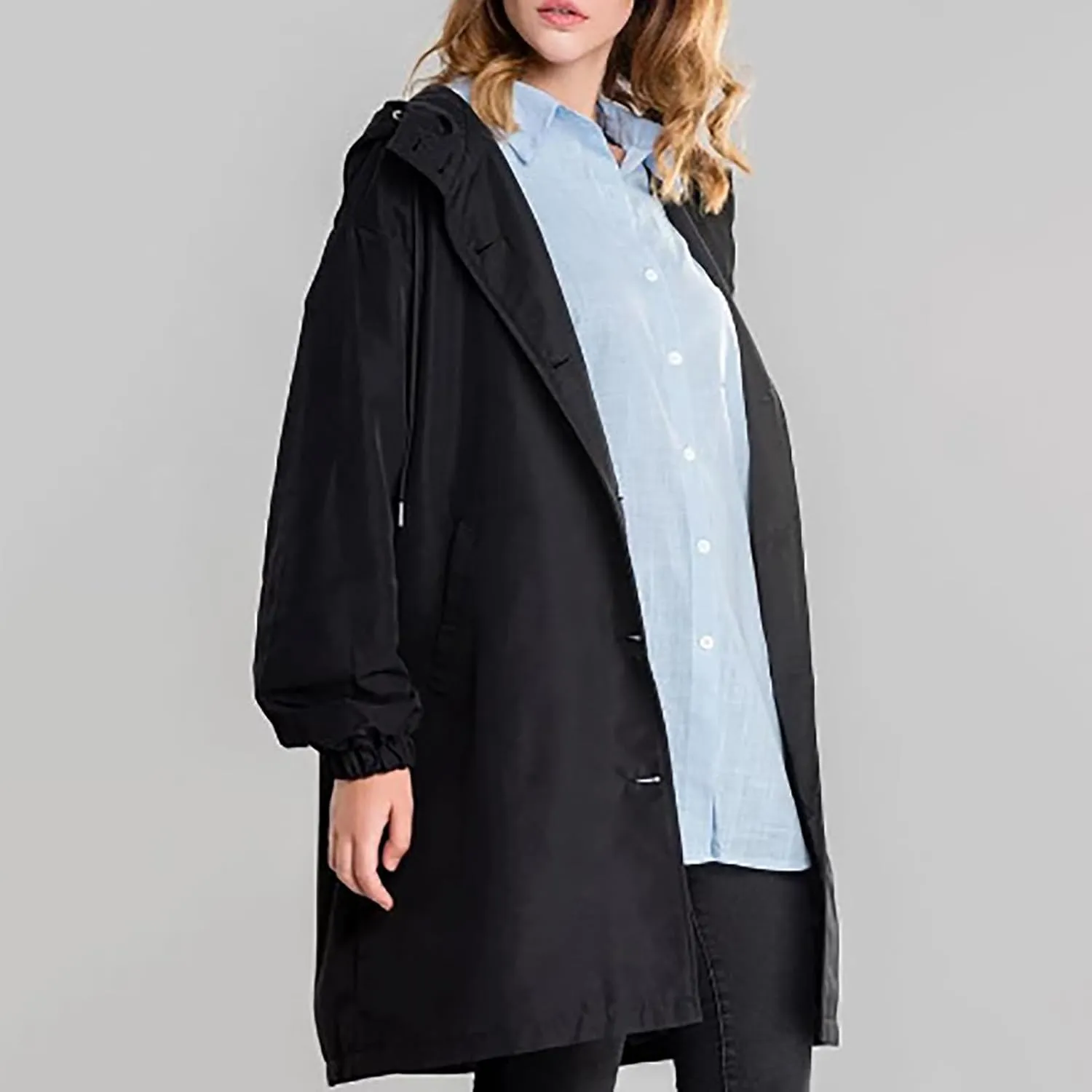 Womens Trench Coats with Hood Oversize Long Single-Breasted Windbreaker Plus Size Lightweight Elegant PeaCoat Overcoat