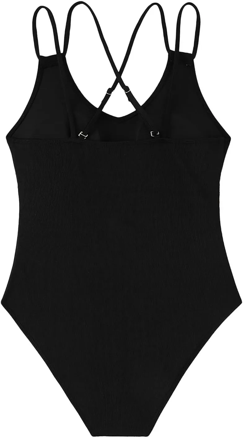 Women's V Neck Swimsuit High Cut Bathing Suit Color Block Swimwear Cotton Bikini