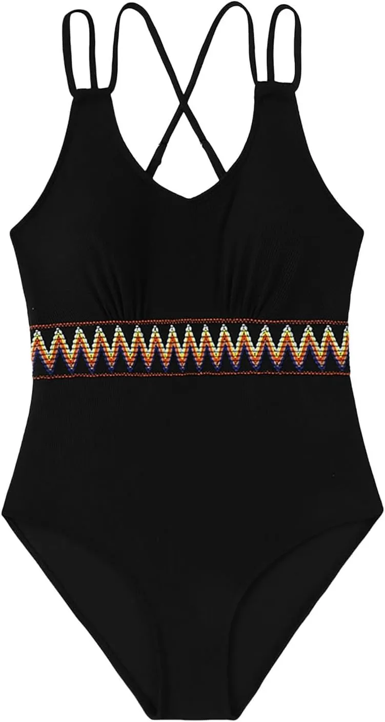 Women's V Neck Swimsuit High Cut Bathing Suit Color Block Swimwear Cotton Bikini