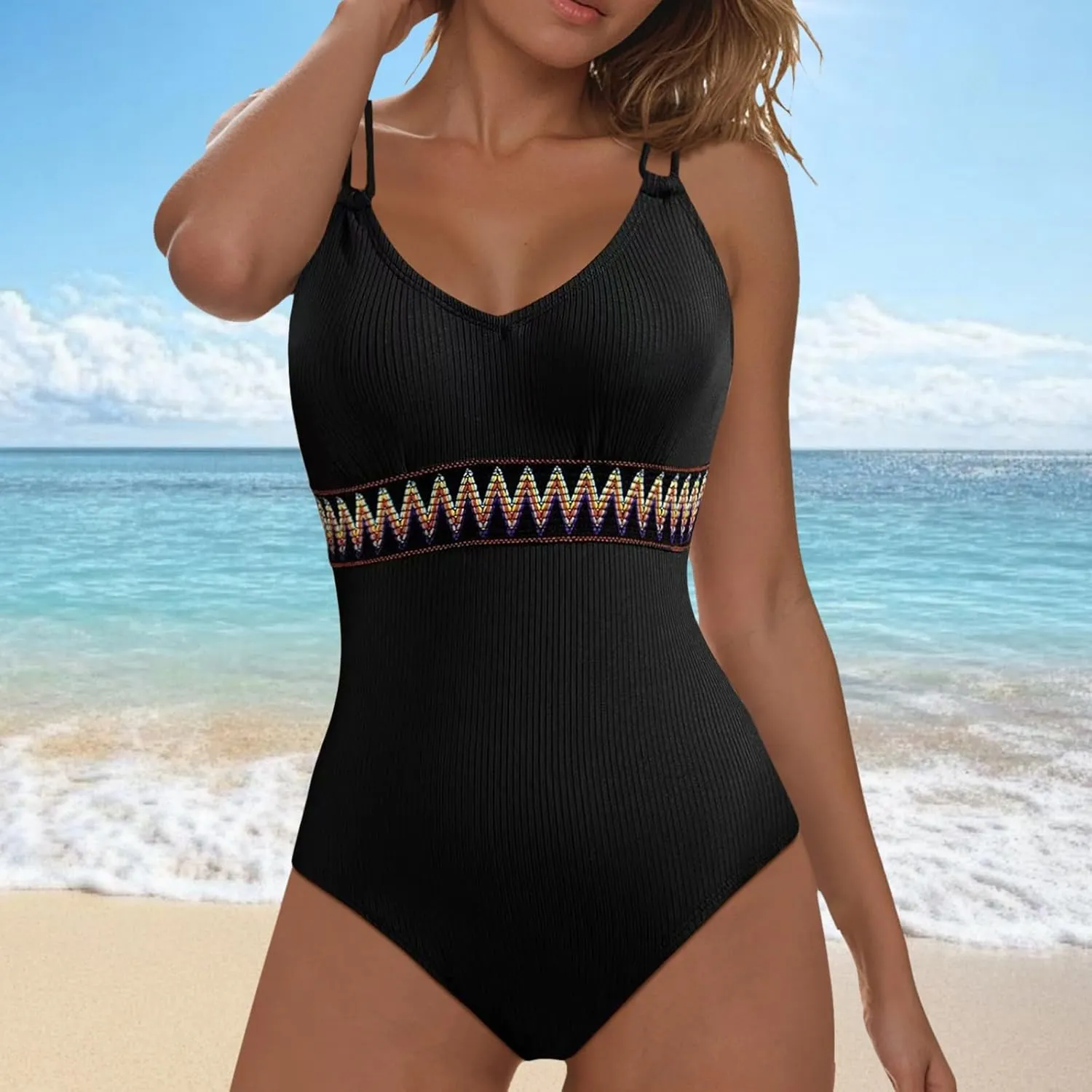 Women's V Neck Swimsuit High Cut Bathing Suit Color Block Swimwear Cotton Bikini
