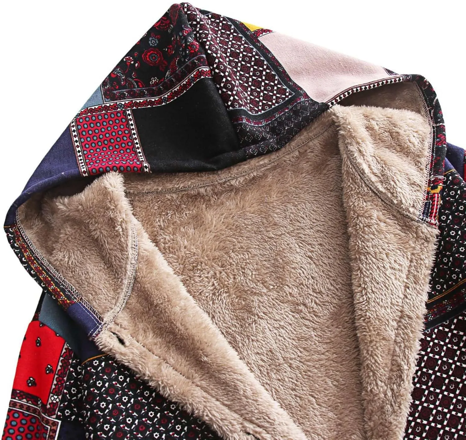 Womens Winter Patchwork Sherpa Fleece Lined Jacket Ethnic Button Up Hooded Coat Long Sleeve Warm Cozy Trench Coats
