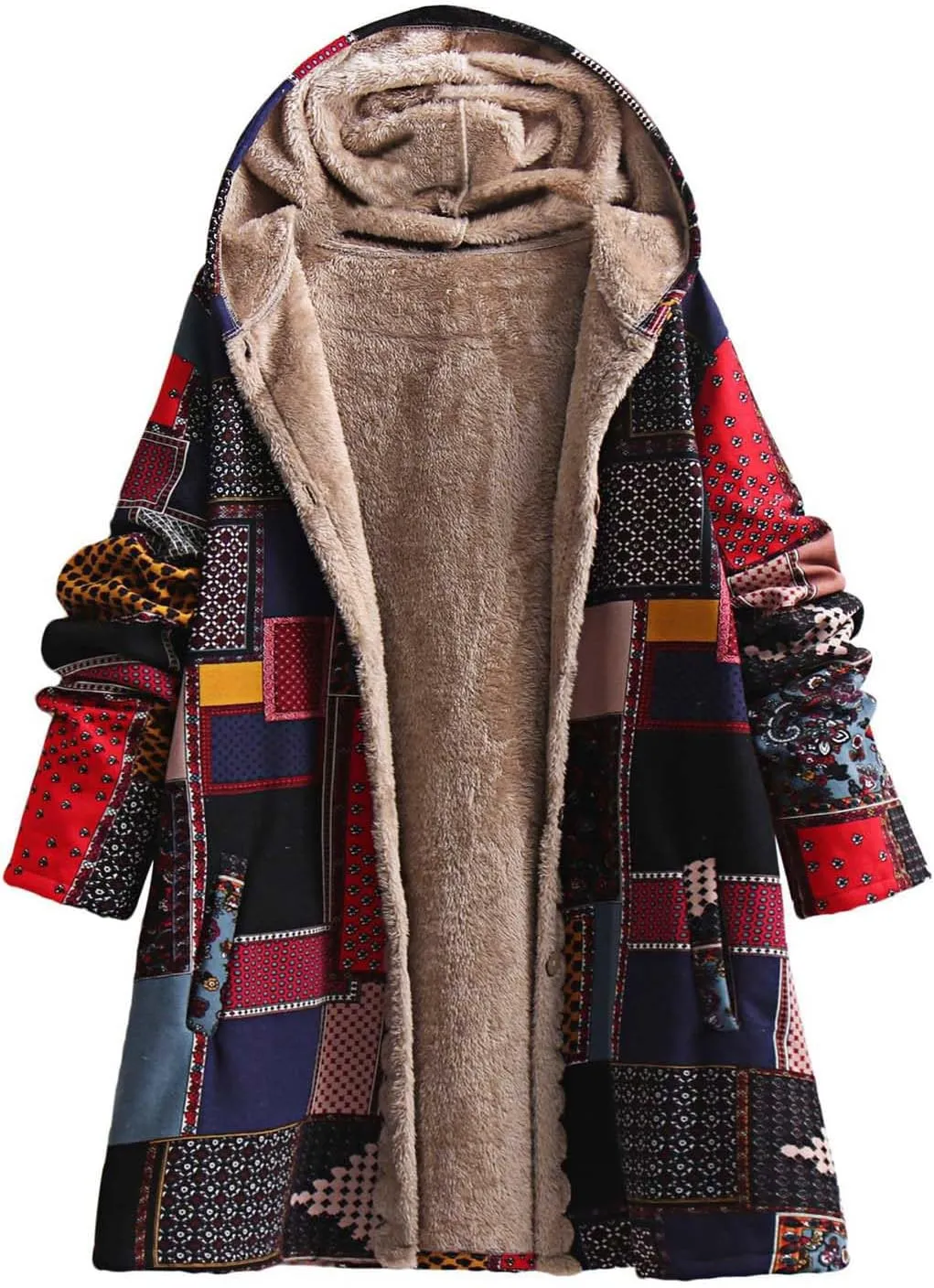 Womens Winter Patchwork Sherpa Fleece Lined Jacket Ethnic Button Up Hooded Coat Long Sleeve Warm Cozy Trench Coats