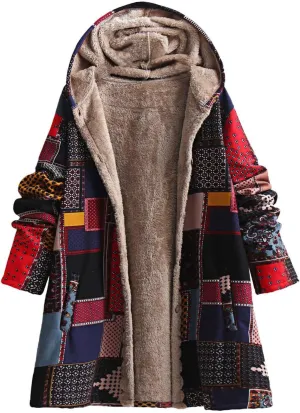 Womens Winter Patchwork Sherpa Fleece Lined Jacket Ethnic Button Up Hooded Coat Long Sleeve Warm Cozy Trench Coats