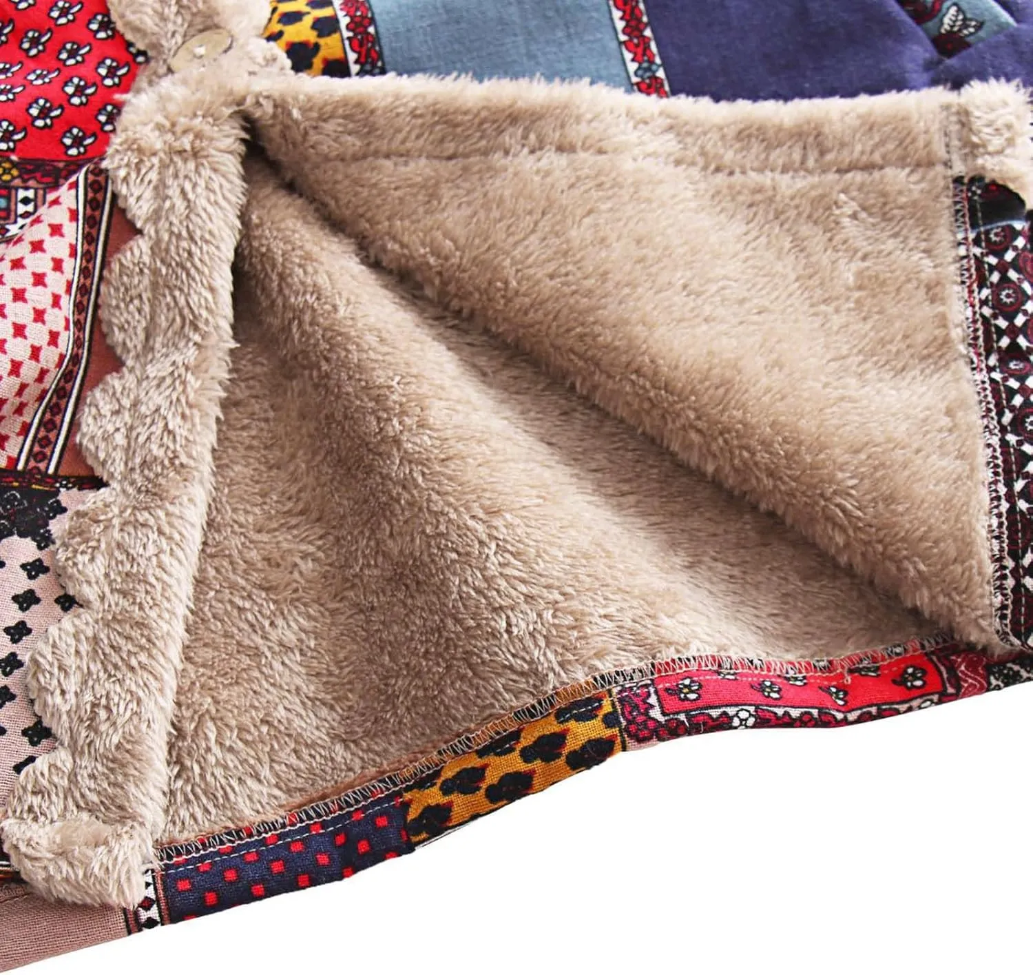 Womens Winter Patchwork Sherpa Fleece Lined Jacket Ethnic Button Up Hooded Coat Long Sleeve Warm Cozy Trench Coats