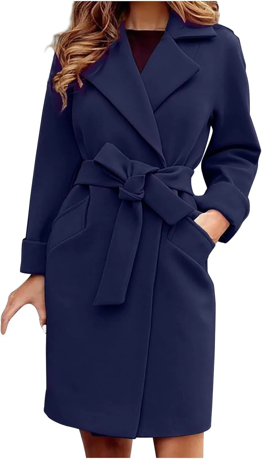 Womens Winter Pea Coat Notch Lapel Collar Long Sleeve Wool Coats Open Front Belted Owk Office Trench Coat Jacket