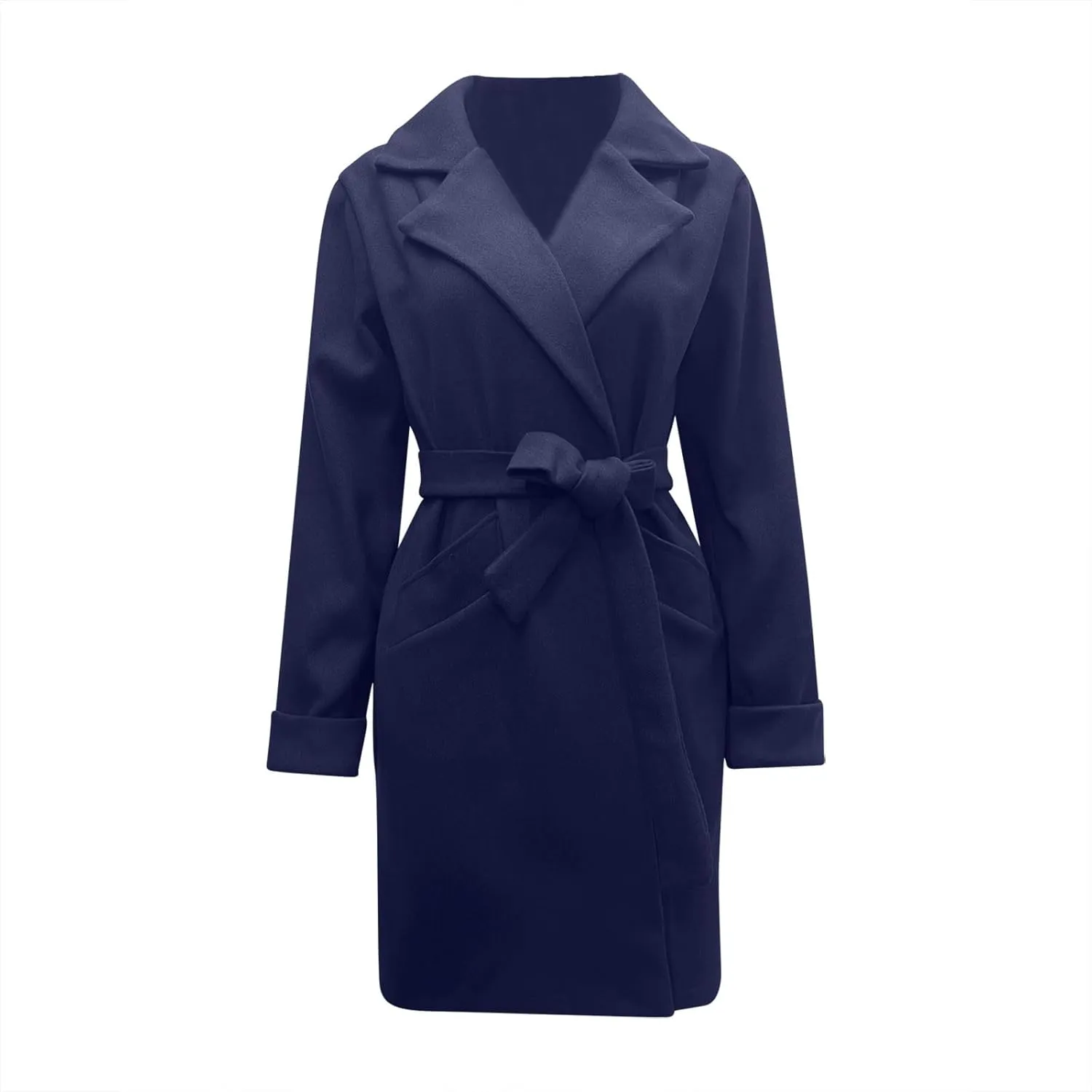 Womens Winter Pea Coat Notch Lapel Collar Long Sleeve Wool Coats Open Front Belted Owk Office Trench Coat Jacket