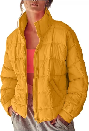 Womens Winter Quilted Coats 2023 Lightweight Long Sleeve Zip/Button Up Short Padded Down Coat Outwear, Pocket