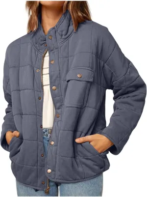 Womens Winter Quilted Coats 2023 Lightweight Long Sleeve Zip/Button Up Short Padded Down Coat Outwear, Pocket