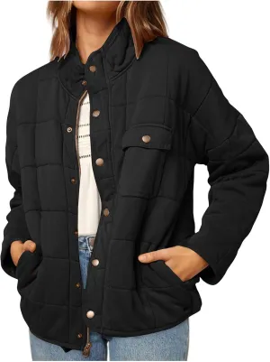 Womens Winter Quilted Coats 2023 Lightweight Long Sleeve Zip/Button Up Short Padded Down Coat Outwear, Pocket
