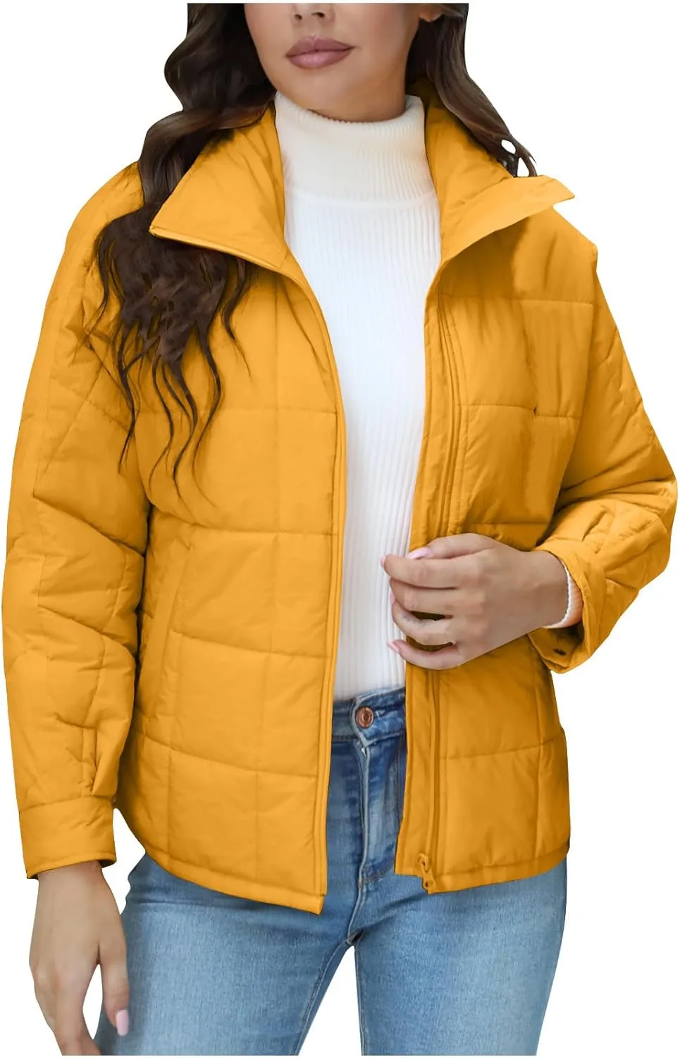 Womens Winter Quilted Coats 2023 Lightweight Long Sleeve Zip/Button Up Short Padded Down Coat Outwear, Pocket