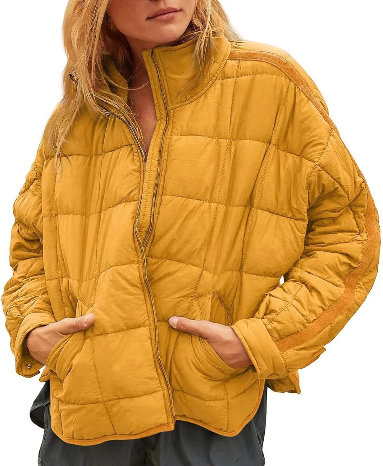 Womens Winter Quilted Coats 2023 Lightweight Long Sleeve Zip/Button Up Short Padded Down Coat Outwear, Pocket