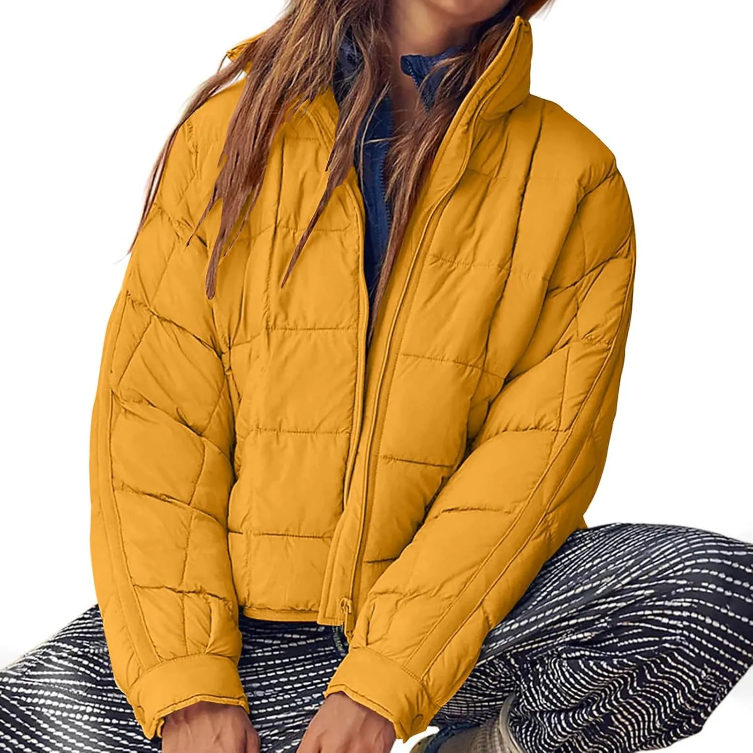 Womens Winter Quilted Coats 2023 Lightweight Long Sleeve Zip/Button Up Short Padded Down Coat Outwear, Pocket