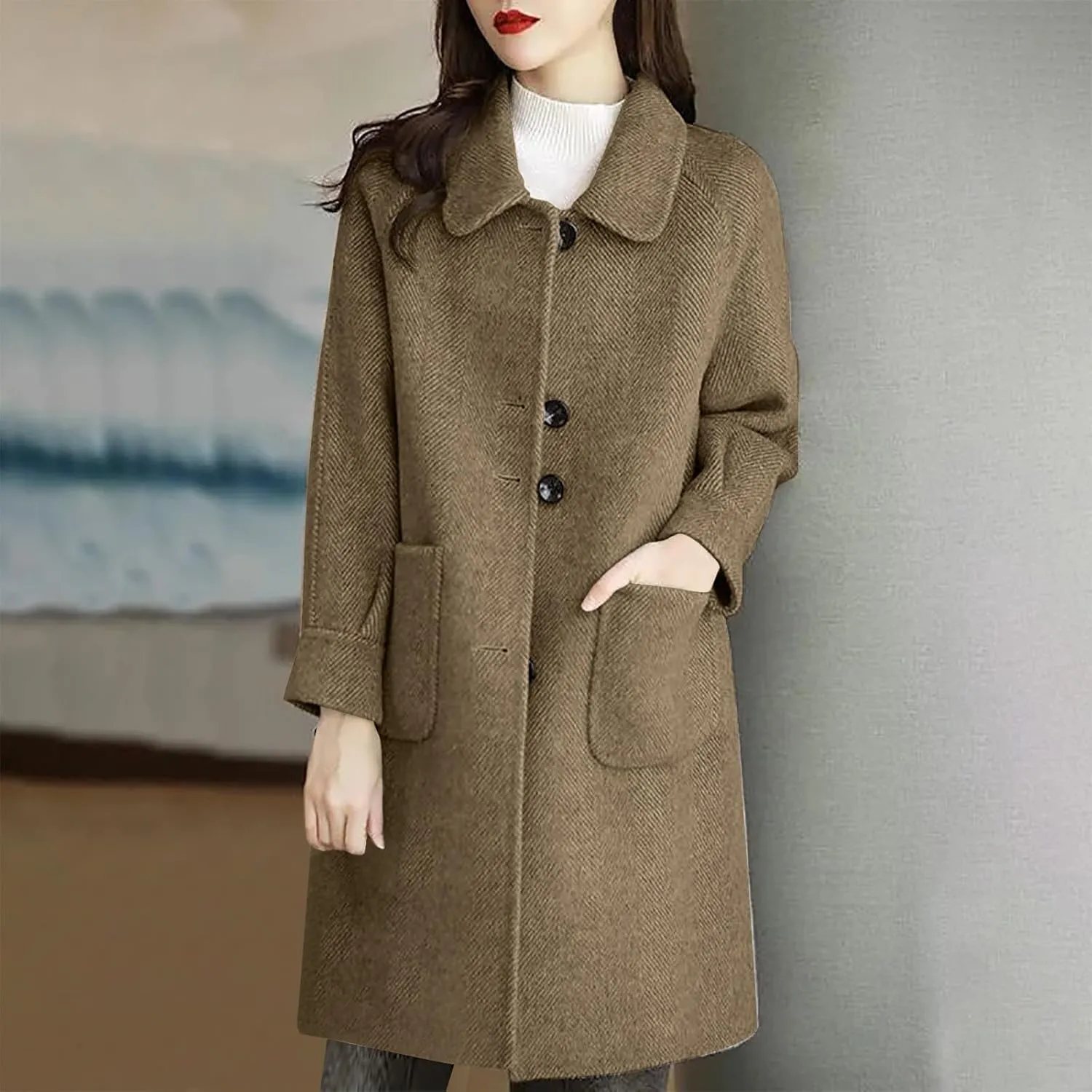 Womens Wool Blend Trench Coat 2024 Winter Elegant Single Breasted Peacoats Maxi Length Elegant Overcoat With Pockets