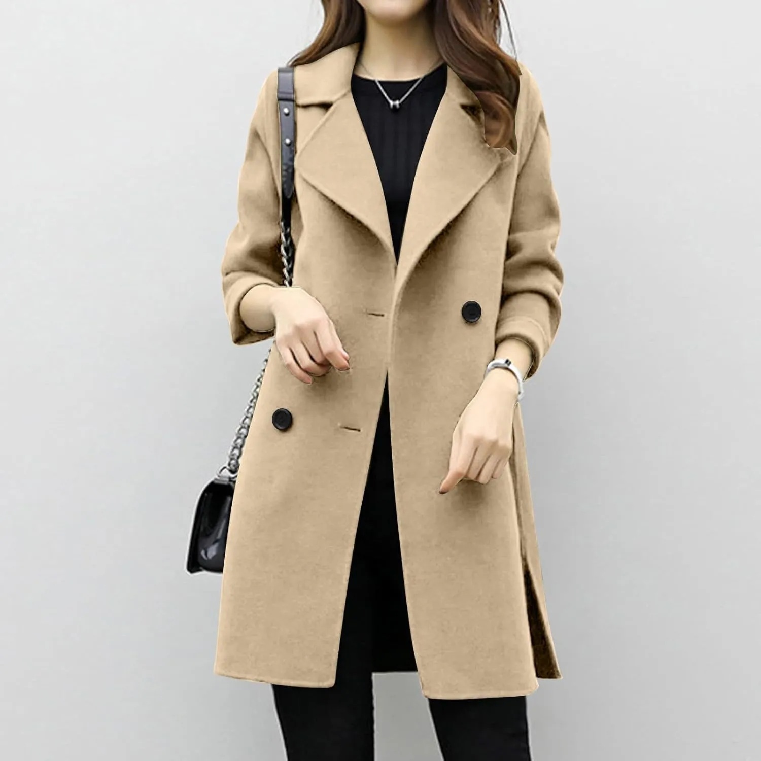 Women's Wool Blend Trench Coats Elegant Notched Collar Double Breasted Pea Coats Mid-Long Oversized Winter Jacket