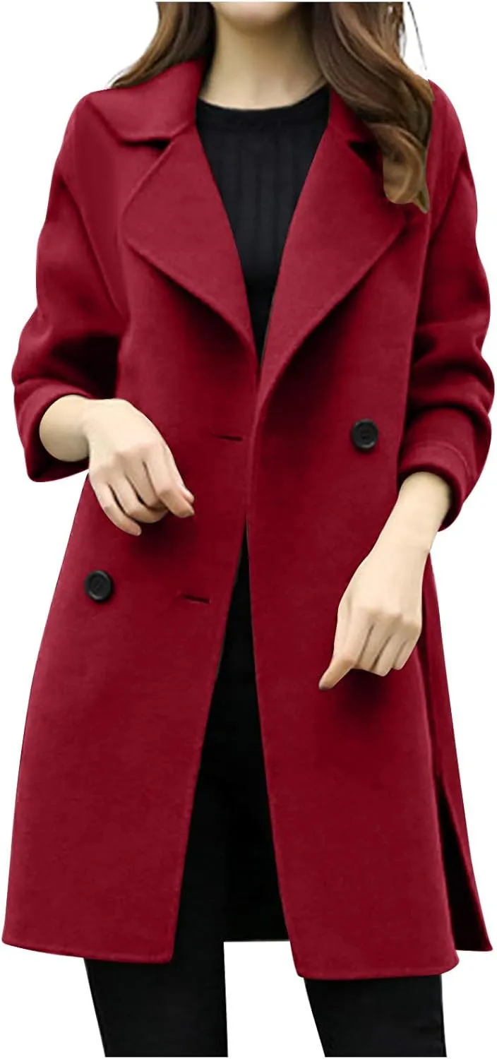 Women's Wool Blend Trench Coats Elegant Notched Collar Double Breasted Pea Coats Mid-Long Oversized Winter Jacket