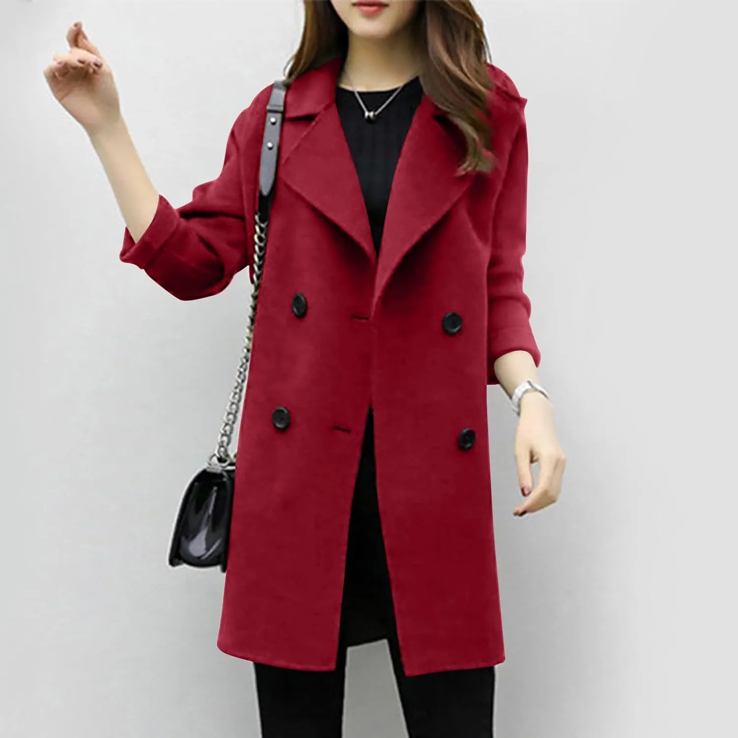 Women's Wool Blend Trench Coats Elegant Notched Collar Double Breasted Pea Coats Mid-Long Oversized Winter Jacket