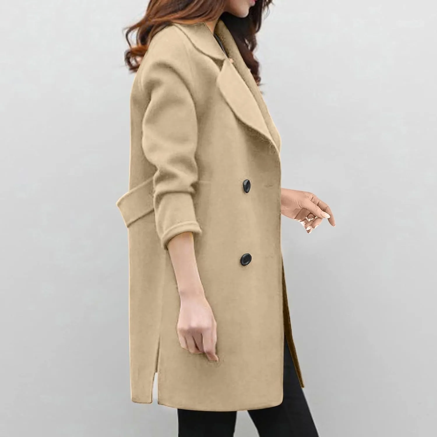 Women's Wool Blend Trench Coats Elegant Notched Collar Double Breasted Pea Coats Mid-Long Oversized Winter Jacket