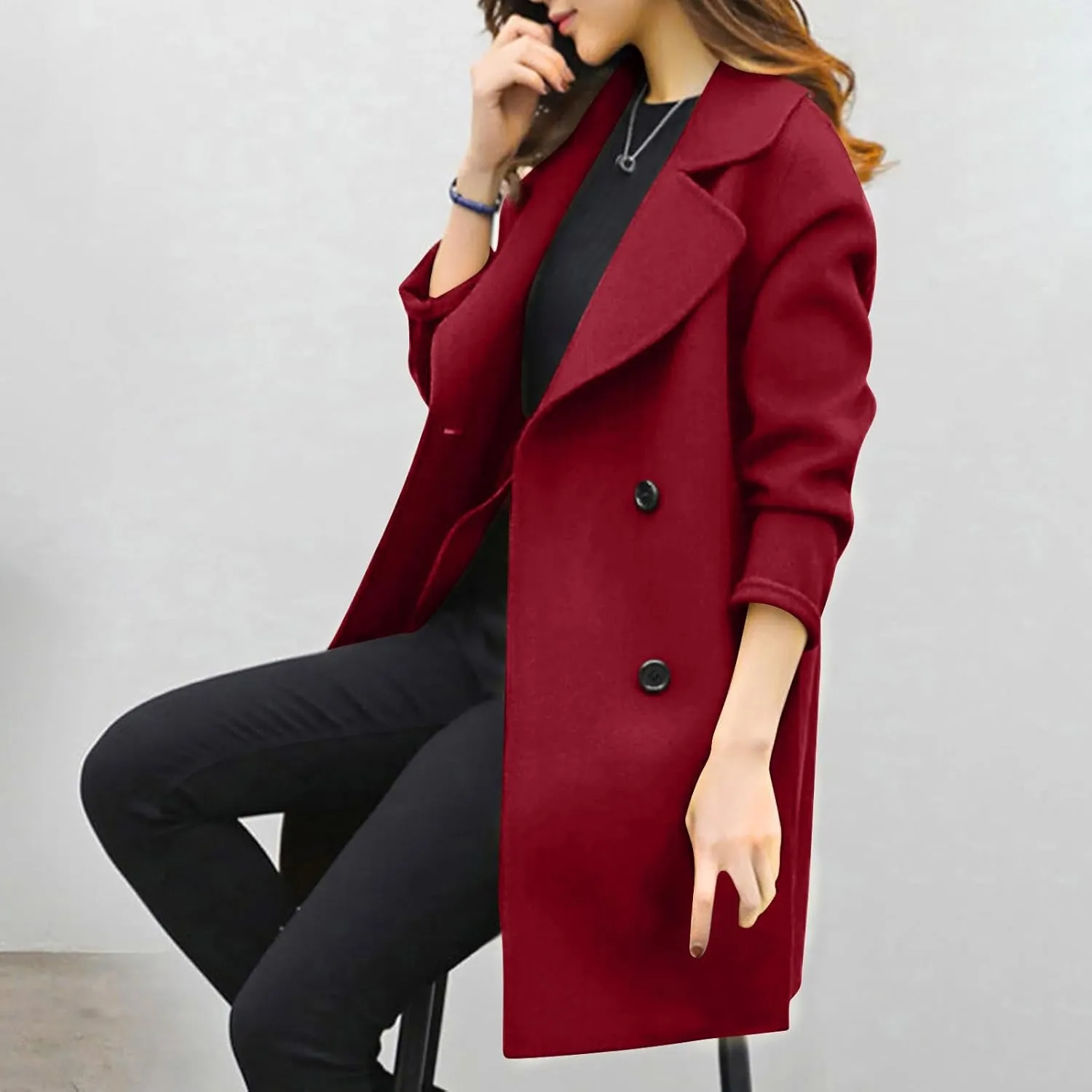 Women's Wool Blend Trench Coats Elegant Notched Collar Double Breasted Pea Coats Mid-Long Oversized Winter Jacket
