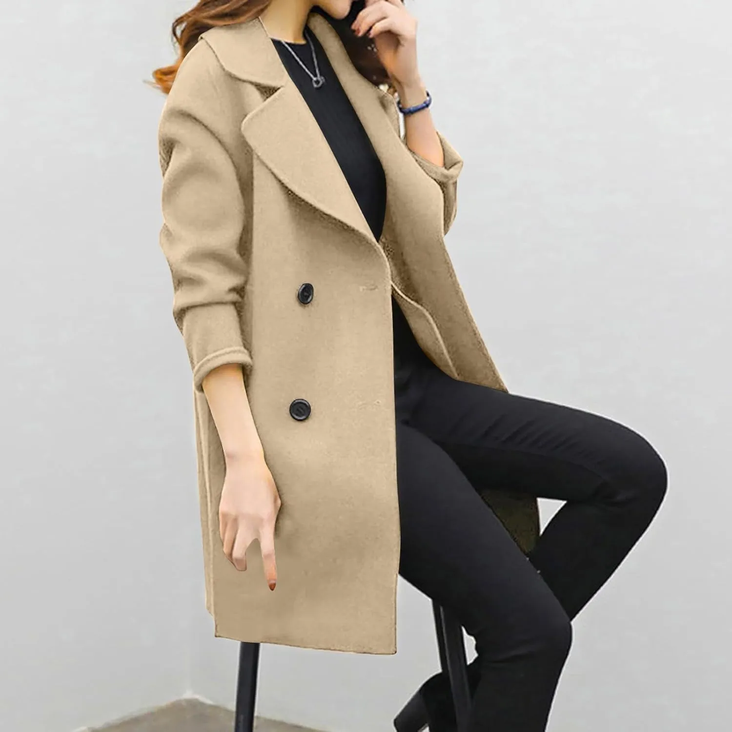 Women's Wool Blend Trench Coats Elegant Notched Collar Double Breasted Pea Coats Mid-Long Oversized Winter Jacket
