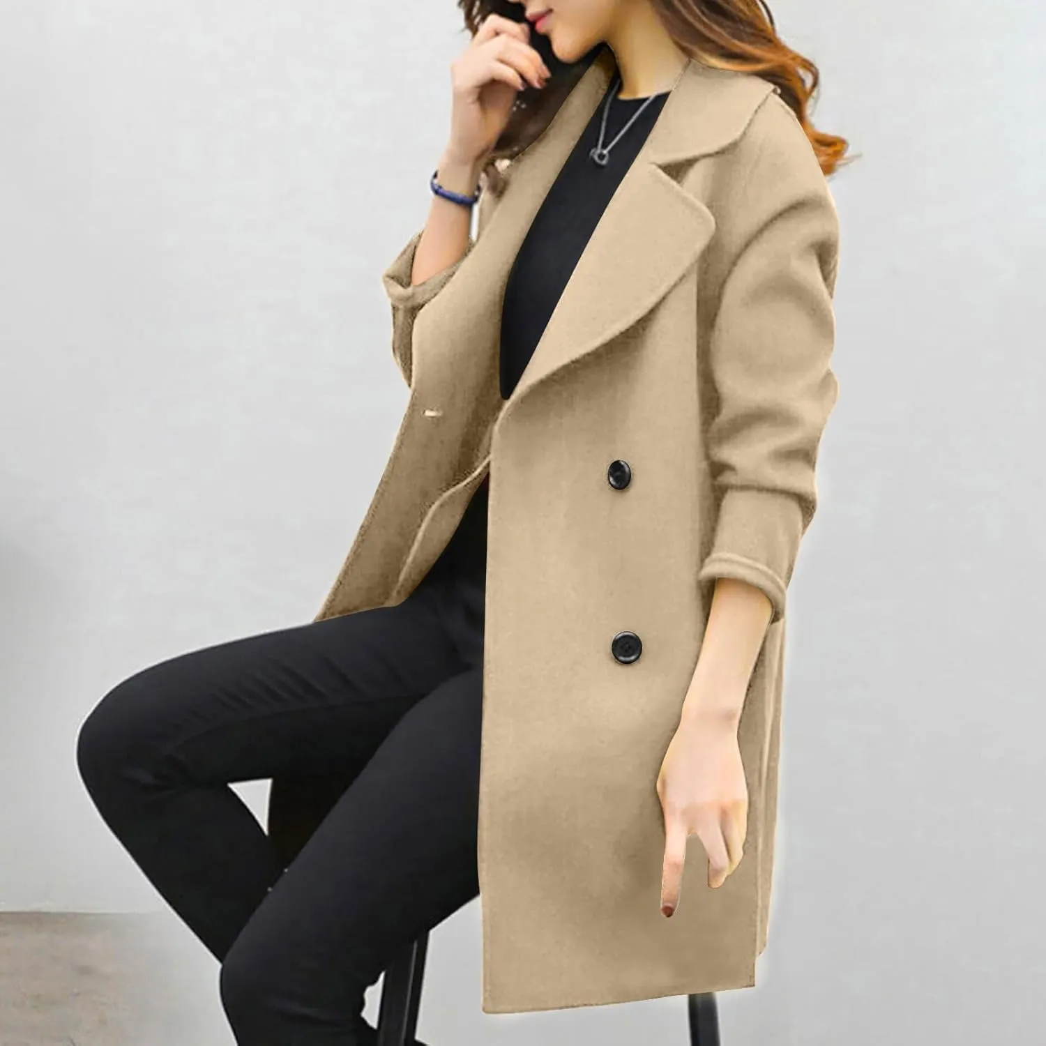 Women's Wool Blend Trench Coats Elegant Notched Collar Double Breasted Pea Coats Mid-Long Oversized Winter Jacket