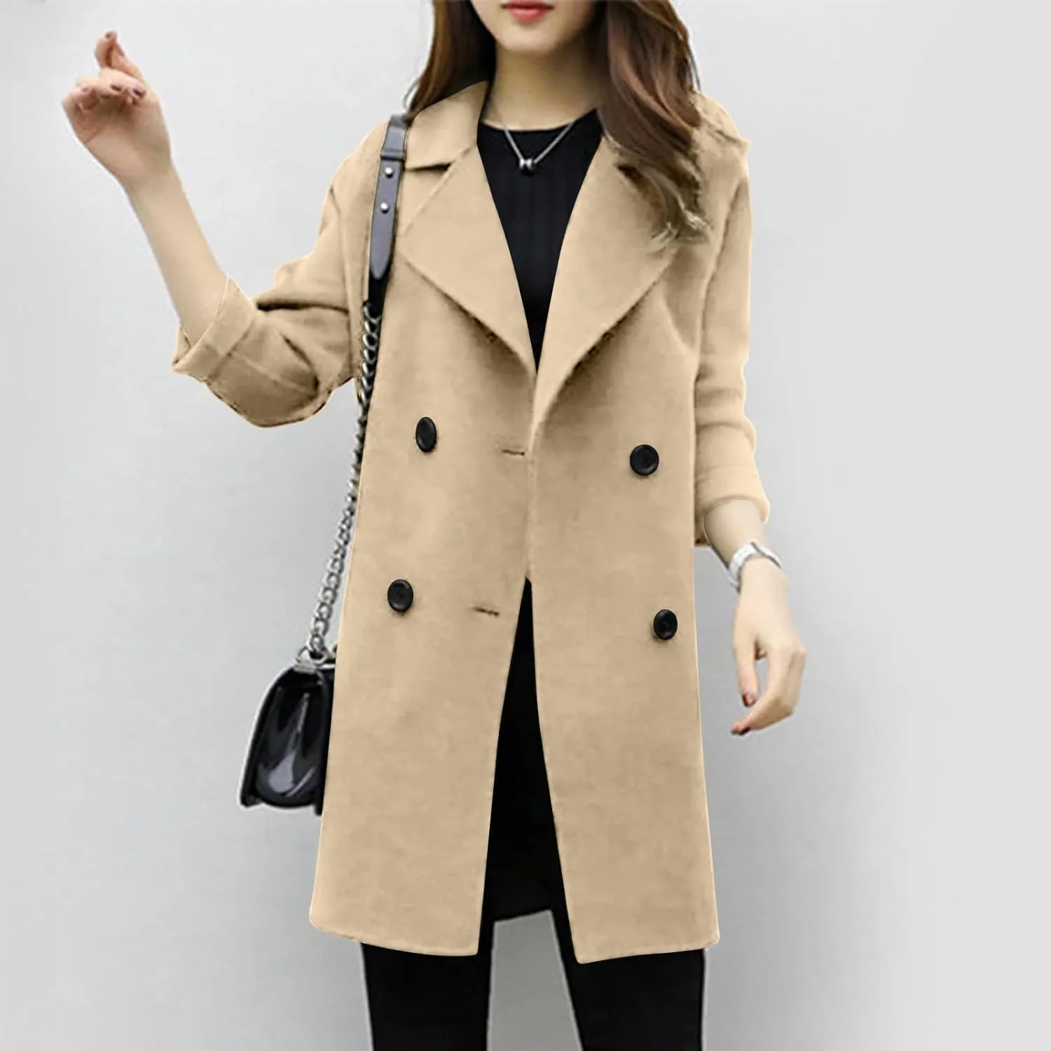 Women's Wool Blend Trench Coats Elegant Notched Collar Double Breasted Pea Coats Mid-Long Oversized Winter Jacket