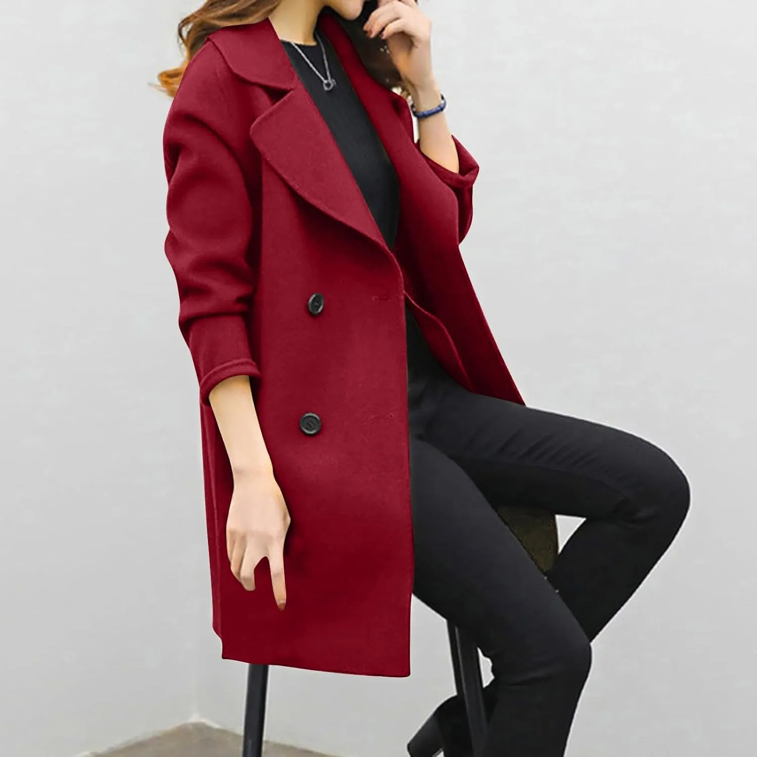 Women's Wool Blend Trench Coats Elegant Notched Collar Double Breasted Pea Coats Mid-Long Oversized Winter Jacket