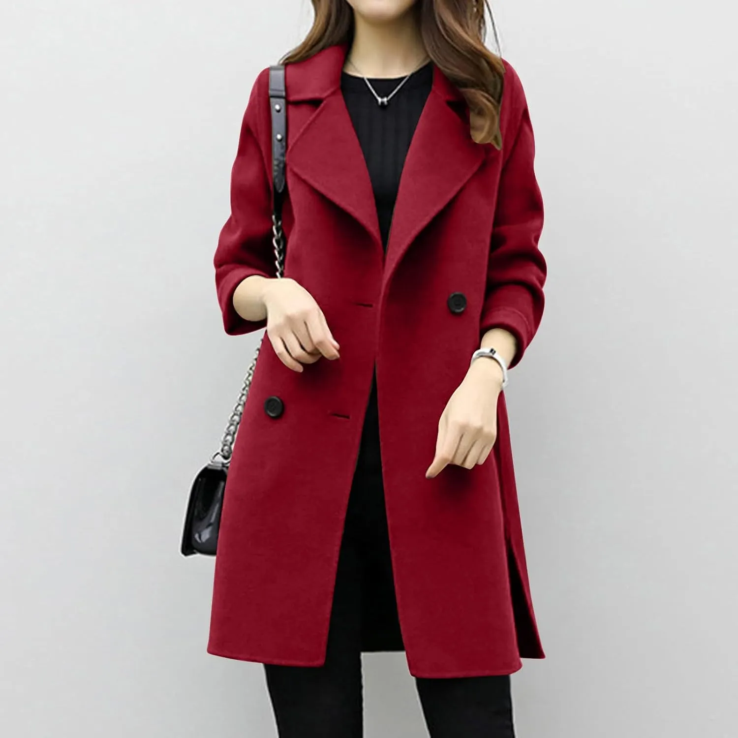 Women's Wool Blend Trench Coats Elegant Notched Collar Double Breasted Pea Coats Mid-Long Oversized Winter Jacket