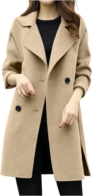 Women's Wool Blend Trench Coats Elegant Notched Collar Double Breasted Pea Coats Mid-Long Oversized Winter Jacket