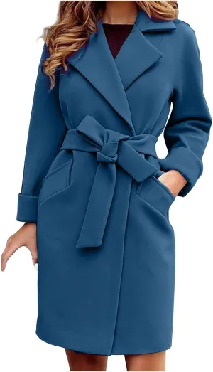 Women’S Wool Blend Winter Coats Double Breasted Notch Lapel Trench Coat Thicken Warm Overcoat Jackets with Belts