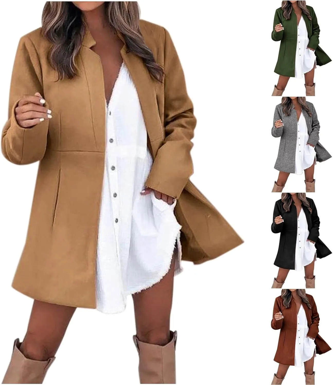 Womens Wool Coats Casual Open Front Notch Lapel Trench Coat Elegant Mid-Long Warm Winter Pea Coats Overcoat